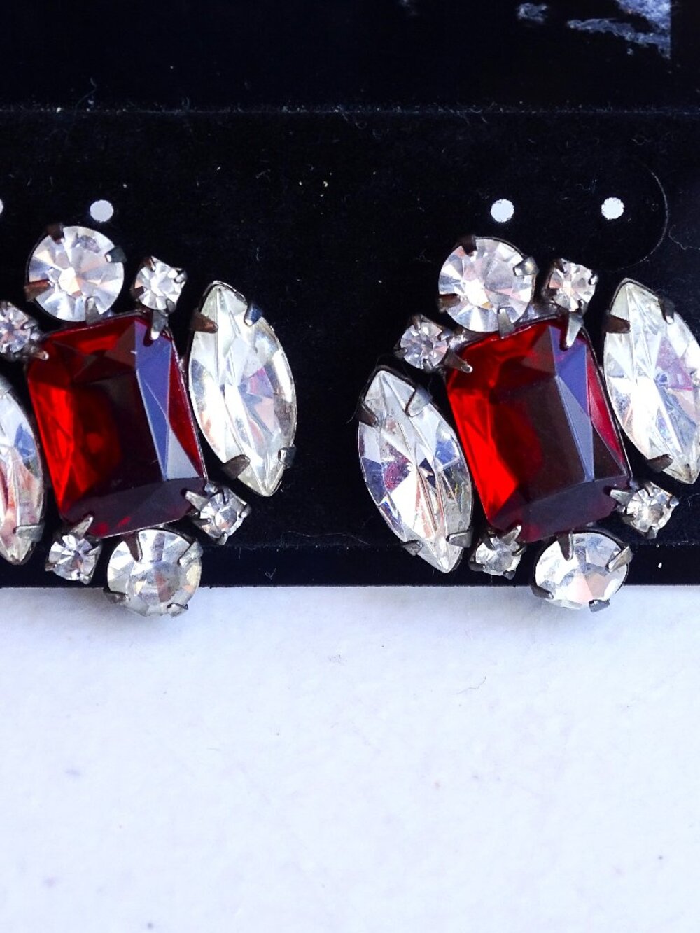 Vintage Red and Rhinestone Large Pierced Earrings